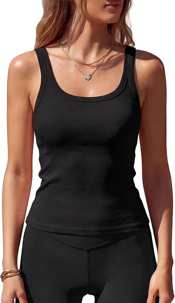 Women Sleeveless Tank Tops with Built in Bra Square Neck Cotton Ribbed Basic Cami Summer Workout ... | Amazon (US)