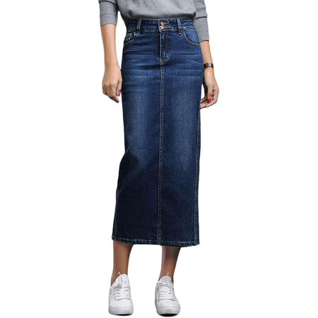 DabuLiu Women s Slim High Waist Zip Up Back Slit Distressed Mid Long Denim Skirt | Walmart (US)