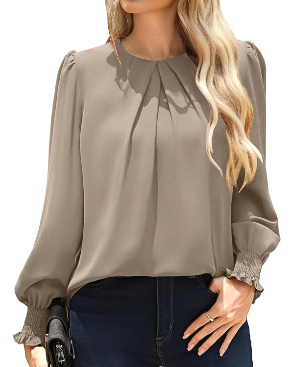Women's Pleated Long Sleeve Blouse Dressy Casual Business Office Work Tops | Amazon (US)