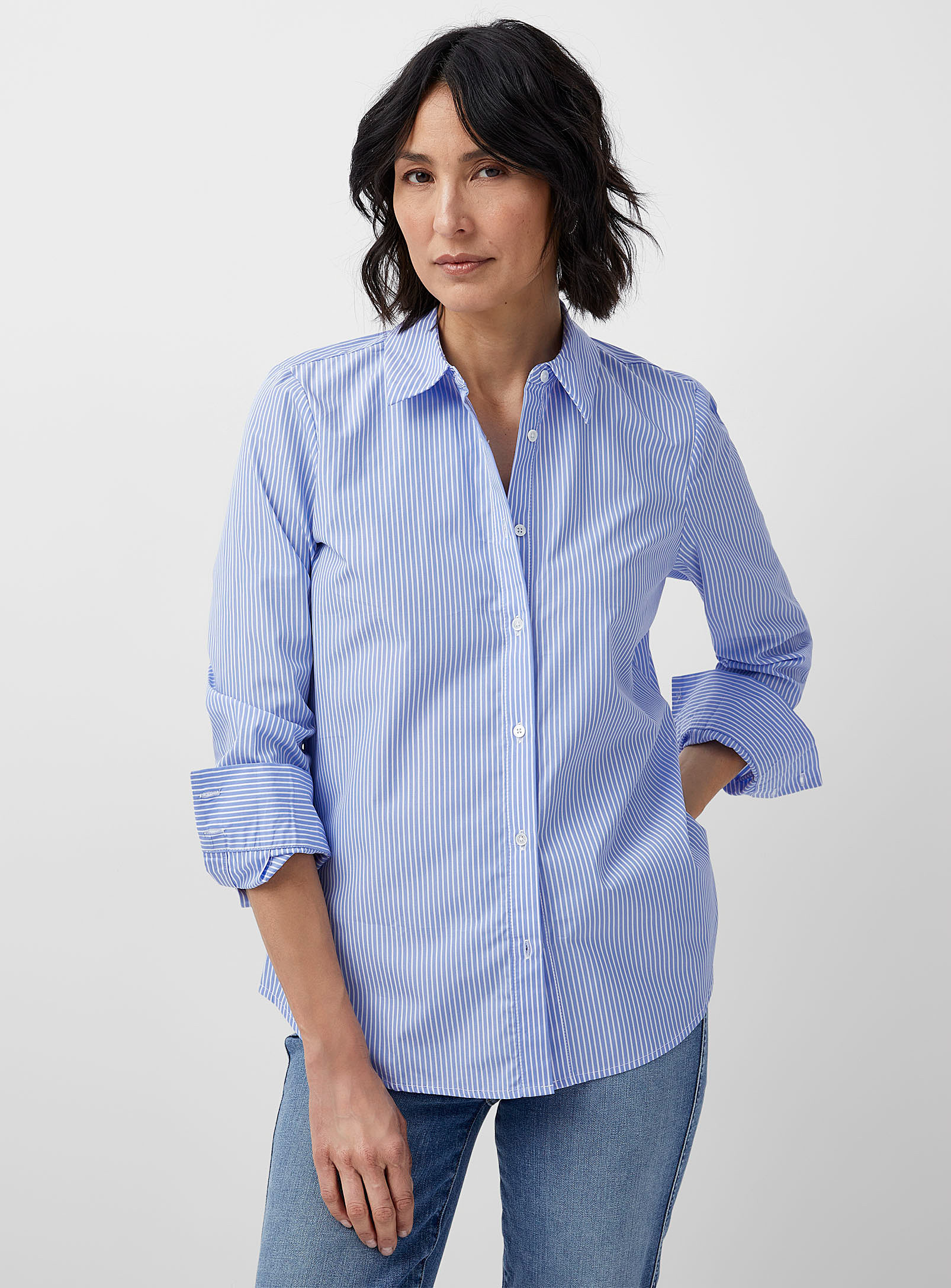 Contemporaine - Striped poplin shirt (Women, Blue, MEDIUM) | Simons