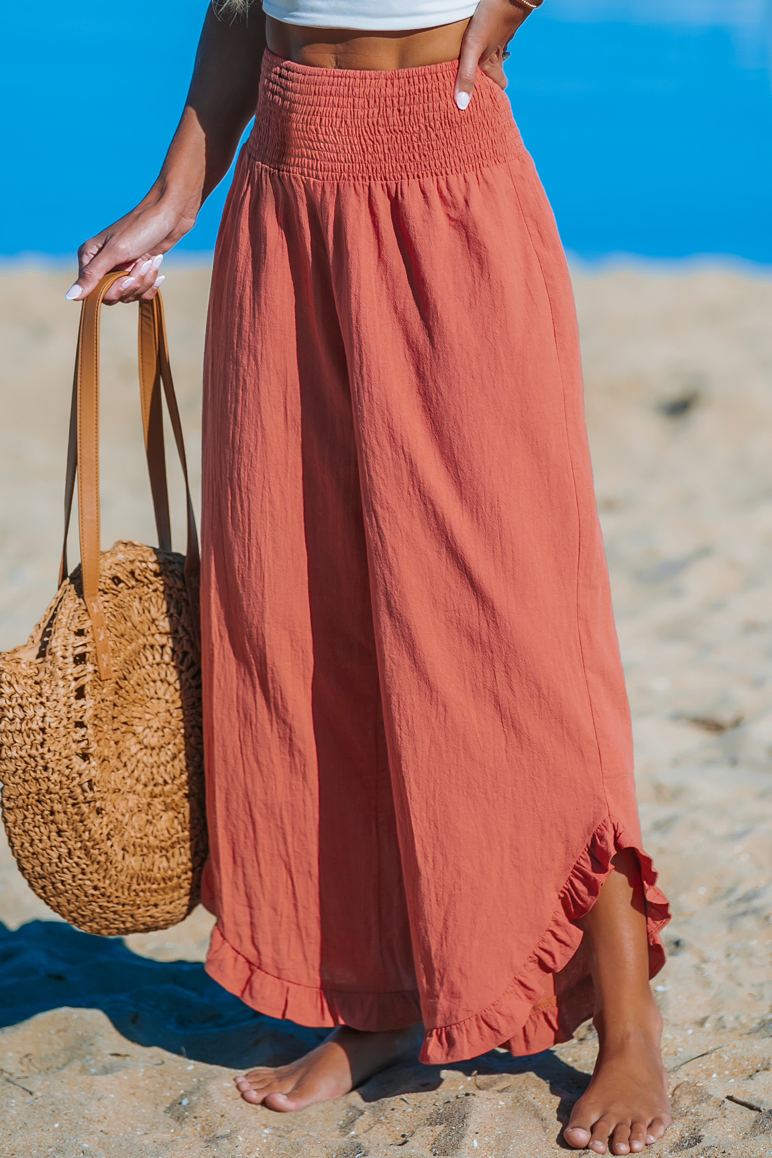 Red Smocked Waist Straight Leg PantsHOT | Cupshe US