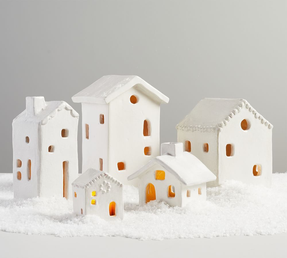 Ceramic Christmas Village Houses, Set of 5, Ivory | Pottery Barn (US)