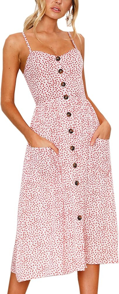 ECHOINE Women's Summer Dresses, Floral Boho Spaghetti Strap Button Down Swing Midi Beach Dress wi... | Amazon (US)