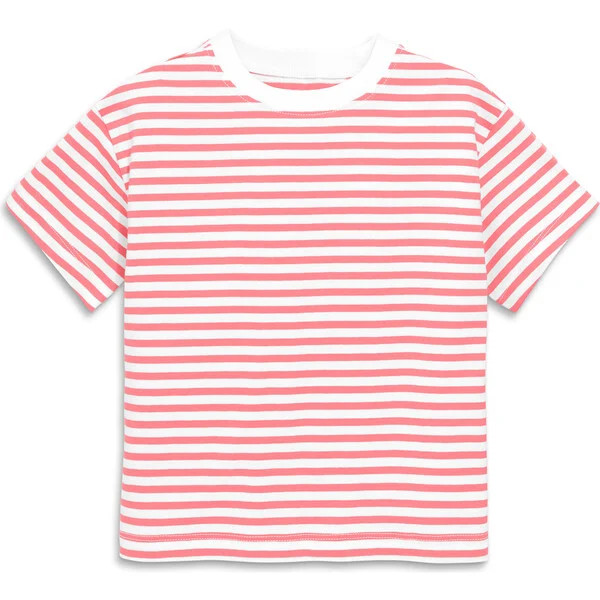 Short Sleeve Easy Stripe Tee, Guava White Stripe | Maisonette