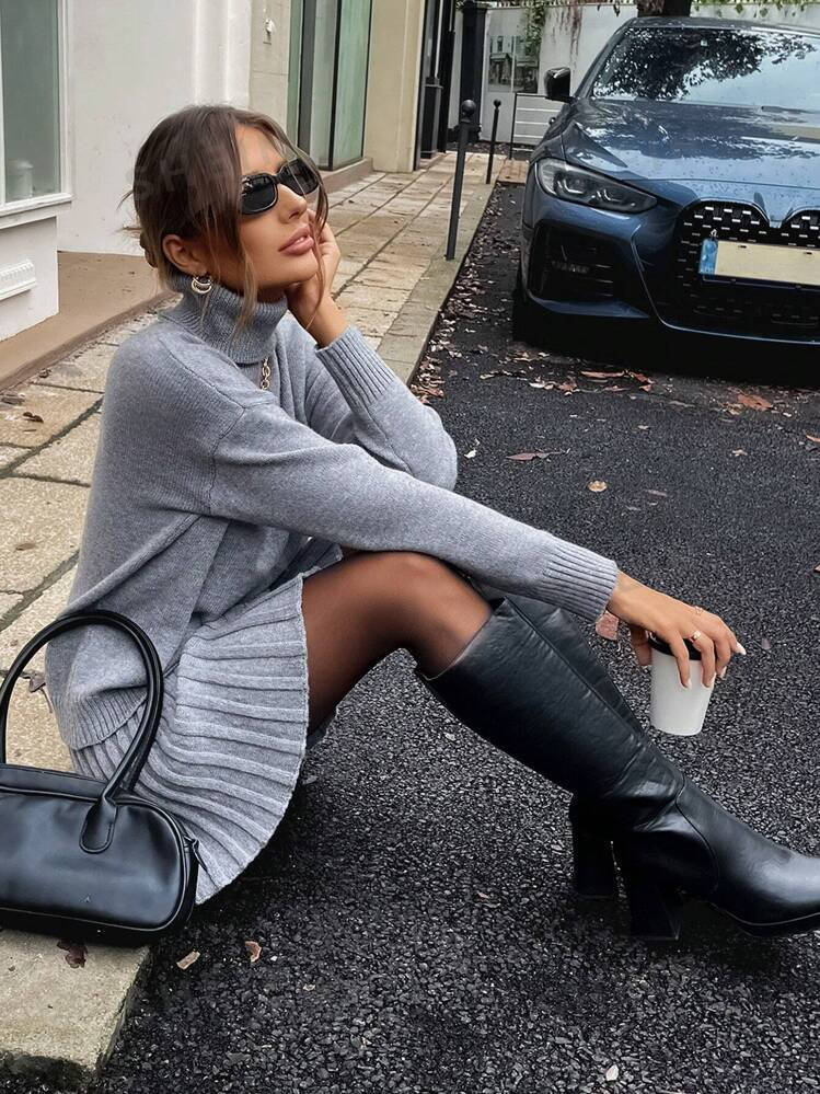 SHEIN Relaxiva 2pcs/Set Grey High Neck Pullover Sweaters | SHEIN