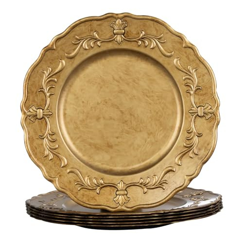 MAONAME Antique Gold Embossed Charger Plates, 13" Plastic Plate Chargers Set of 6, Round Chargers for Dinner Plates, Table Chargers for Wedding, Party | Amazon (US)