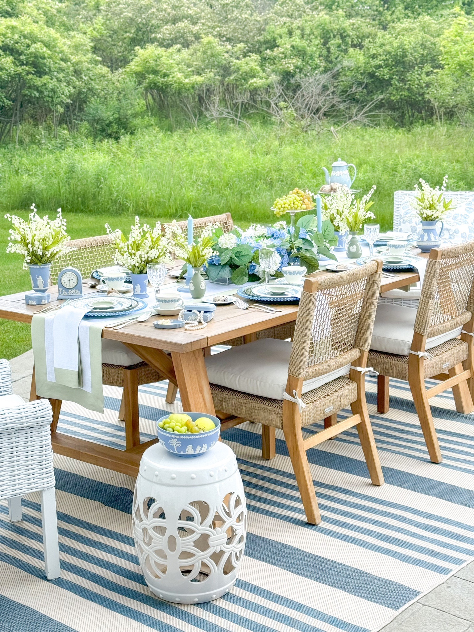 Shop my Bridgerton themed tablescape!

Wedgwood, garden stool, teak table, blue and white decor, outdoor decor, outdoor table, green linens, hydrangeas, Lily of the valley, blue chargers, blue plates, centerpiece ideas 

#LTKSeasonal #LTKHome #LTKParties