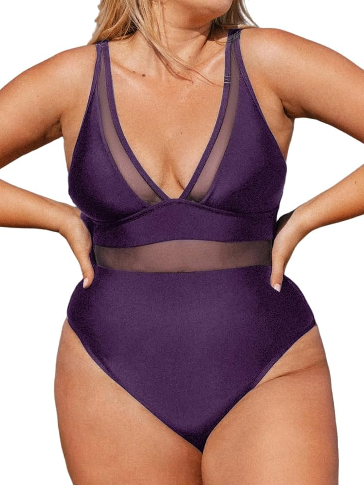 CUPSHE Women Plus Size One Piece Swimsuit V Neck Mesh Sheer Tummy Control Bathing Suit with Adjus... | Amazon (US)