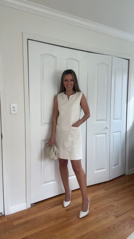 Shift dress is off white and so pretty
True to size / wearing sz S

I’m 5’5” 122 lbs 

Pumps white are true to size



#LTKfindsunder100 #LTKwedding #LTKVideo