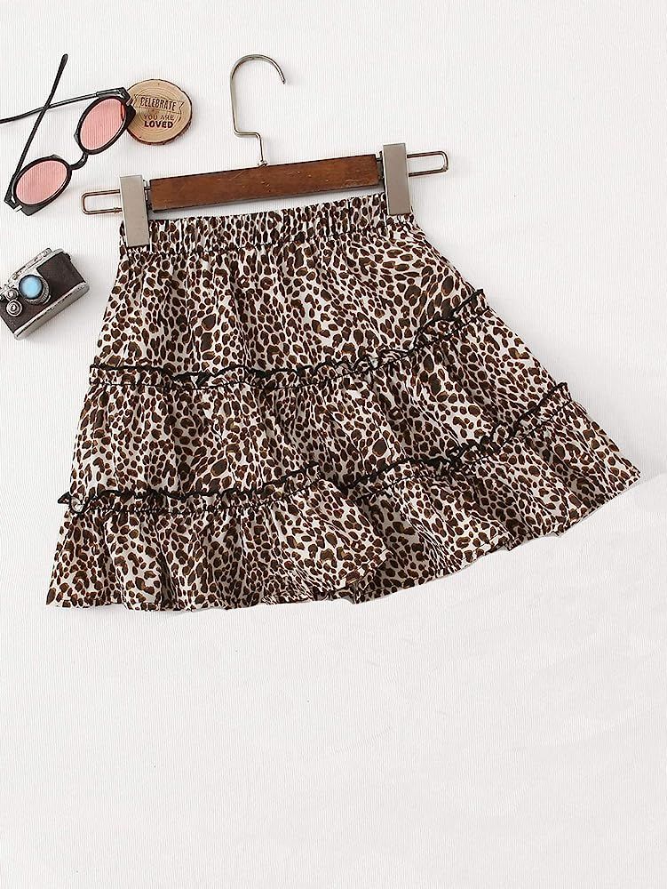 Women's Leopard Print Drawstring Waist Layer Ruffle Hem Short Skirt | Amazon (US)