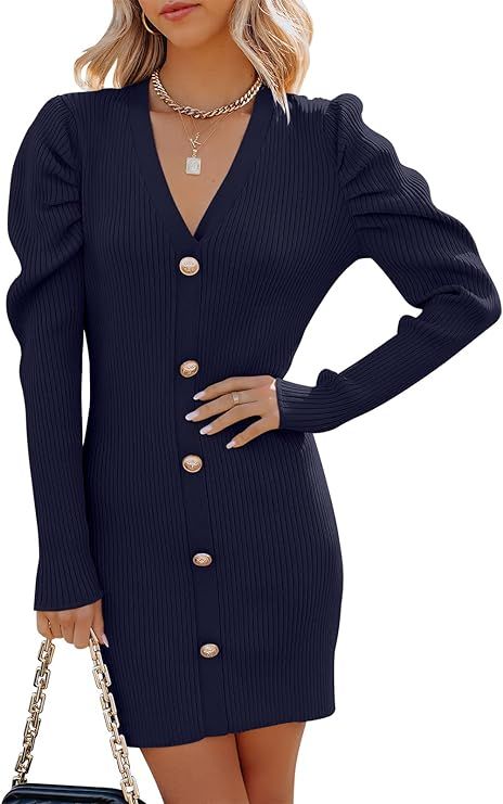 ANRABESS Women's Puff Long Sleeve V Neck Buttons Ribbed Knit Slim Fit Pullover Sweater Bodycon Mi... | Amazon (US)