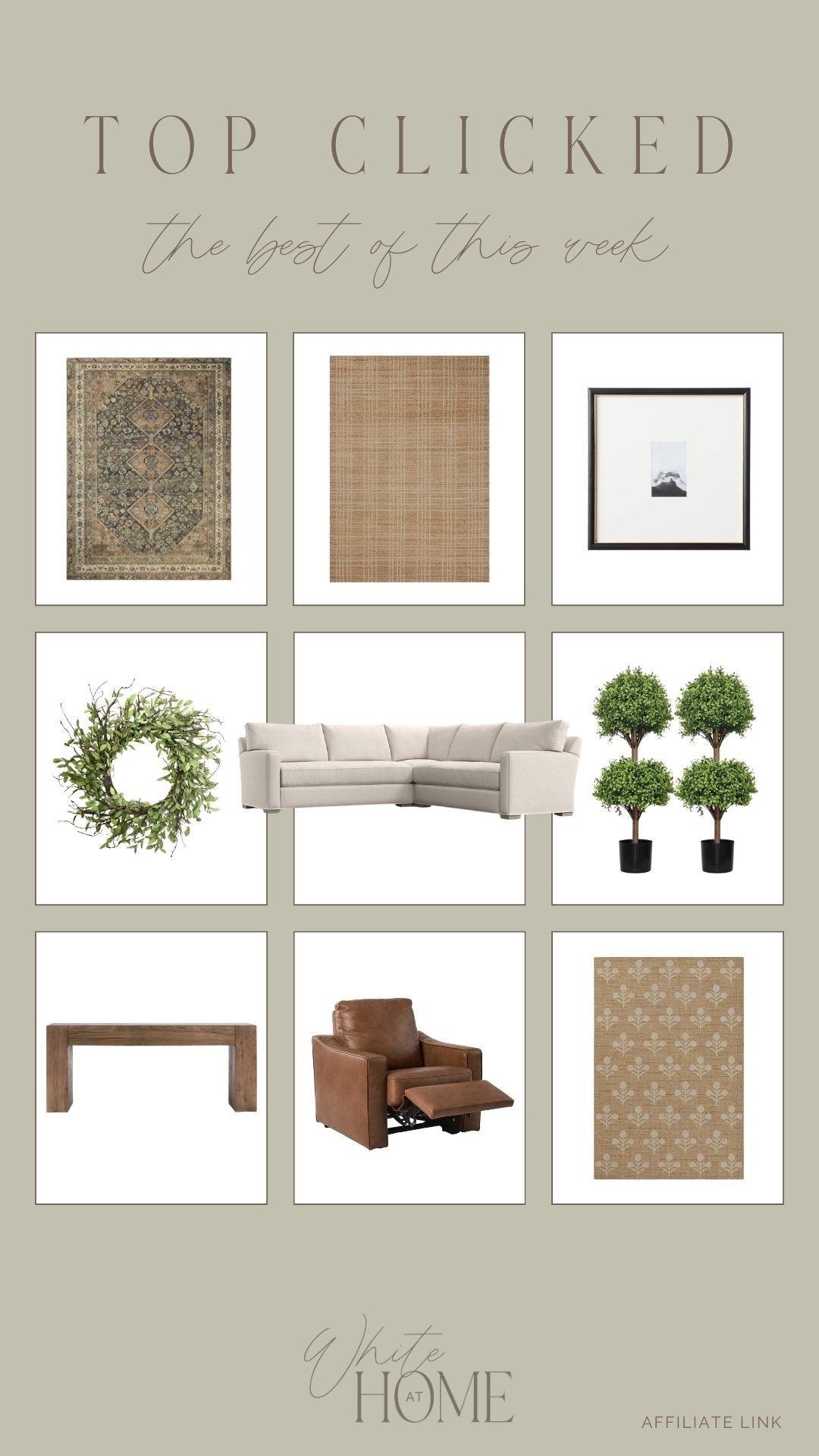 Last week’s top clicked favorites! Indoor and outdoor rugs for the home, front porch greenery, furniture top picks and more! 

#LTKHome