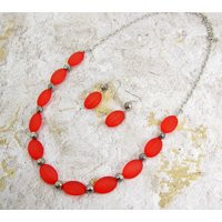 Red & Silver Beaded Necklace Earring Set Designed With All Red Beads A Frosted Finish On Them, Plated | Etsy (US)