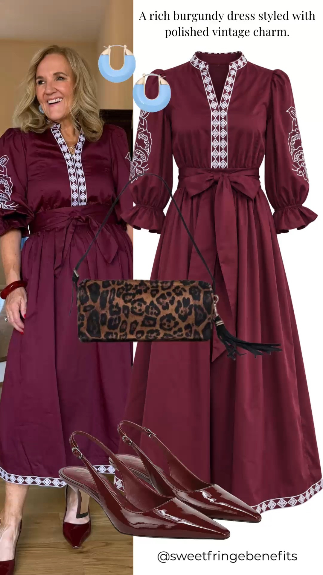 This burgundy dress has such a pretty old-fashioned feel to it, and the leopard bag keeps it from feeling too sweet. I’m wearing a medium, and I think the burgundy pumps pull the whole look together.

#LTKgrwm #LTKdayinmylife #LTKootd