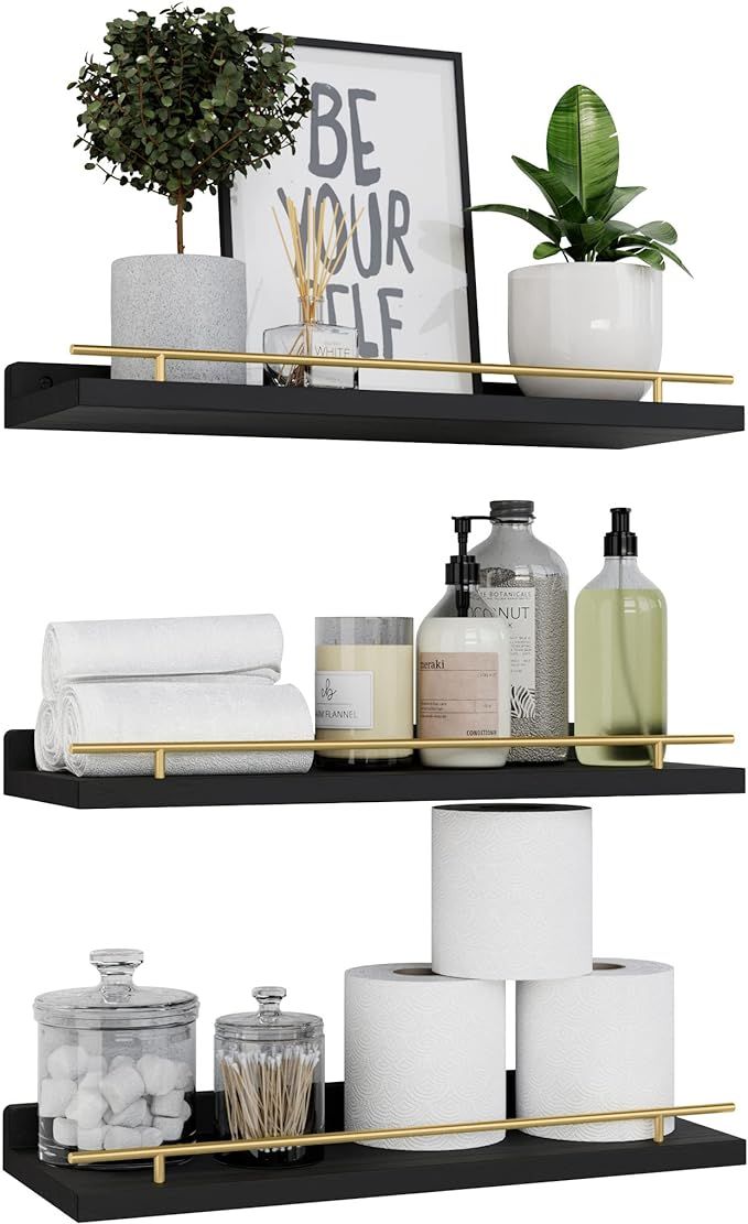 WOPITUES Floating Shelves with Gold Metal Guardrail, Shelves for Wall Decor Set of 3, Wall Shelve... | Amazon (US)