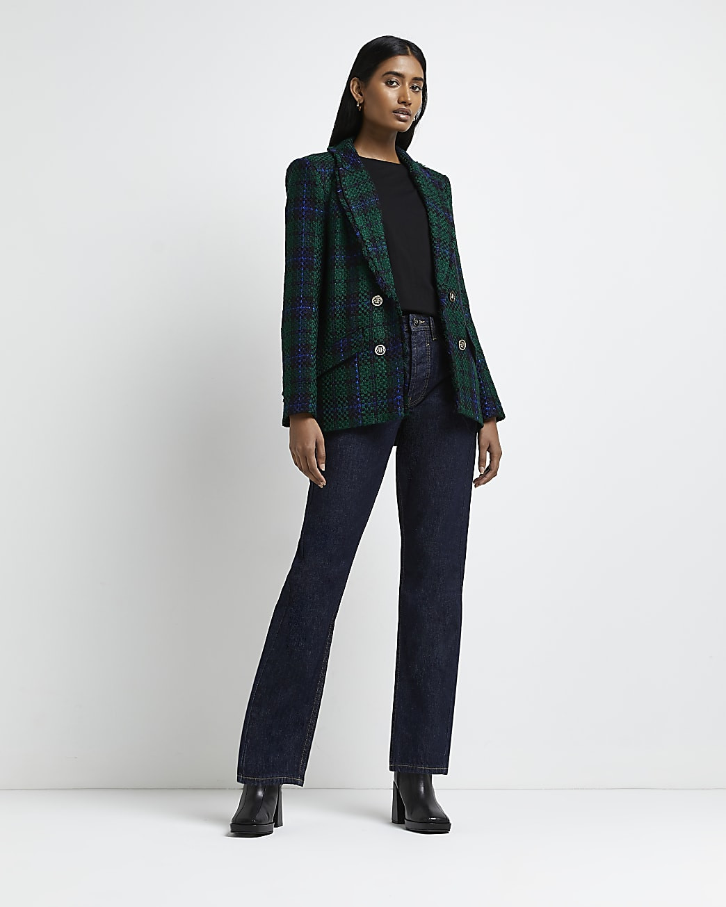 Green tartan boucle blazer | River Island (UK & IE)