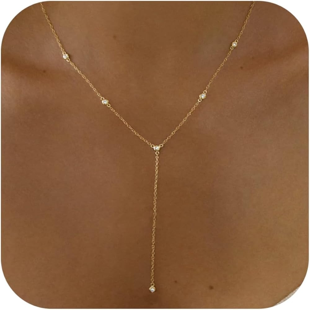 Gold Necklace for Women, Dainty Gold Long Necklaces 14k Gold Plated Prom Lariat Necklace Cute Cho... | Amazon (US)