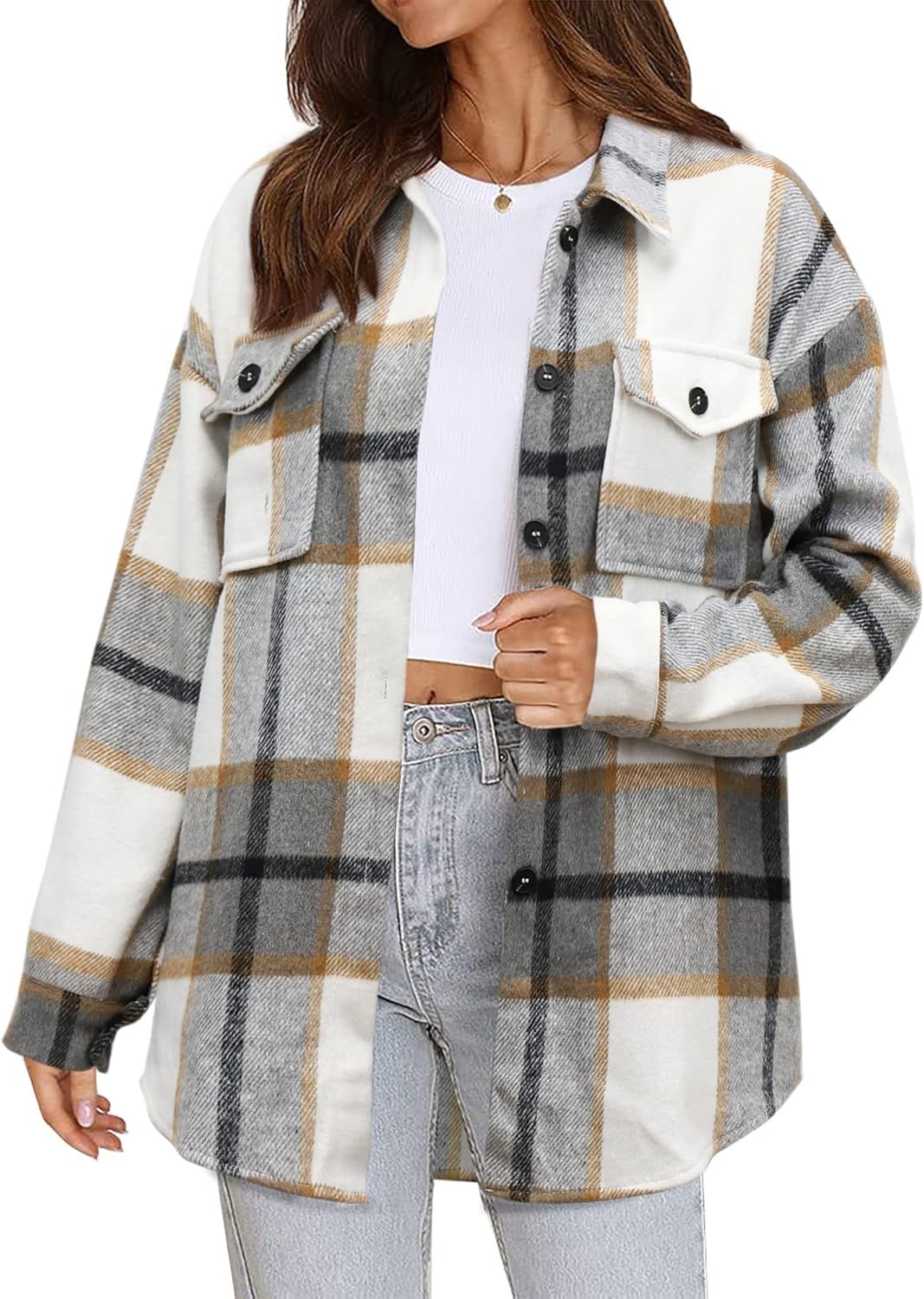 Beaully Women's Flannel Plaid Jacket Long Sleeve Button Down Chest Pocketed Shirts Coats Shacket | Amazon (US)