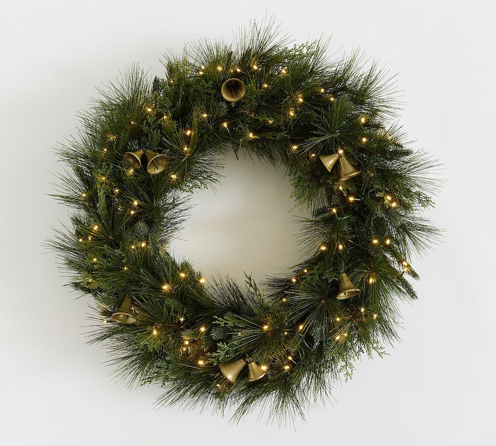Faux Lit Mixed Greens Wreath & Garland With Bells | Pottery Barn (US)