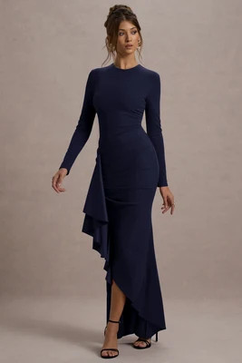 Alayna | Navy Long-Sleeve Maxi Dress With Ruffled Split | Club L London