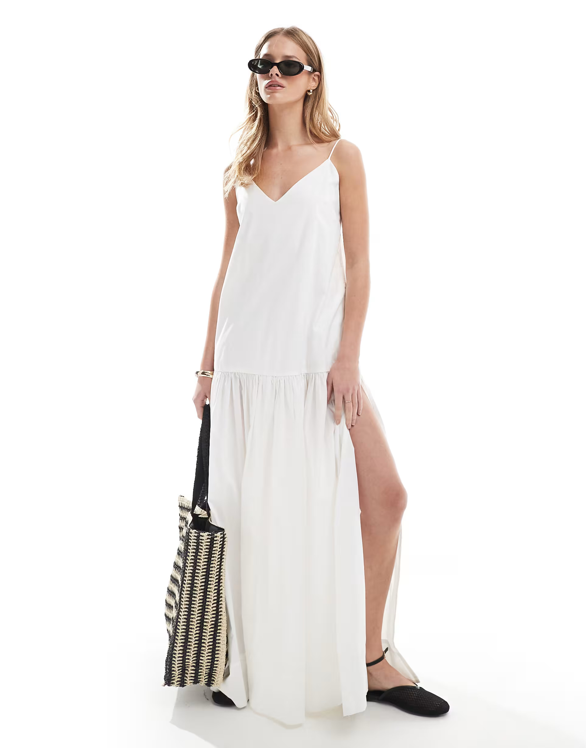 Monki tiered floaty maxi dress with low tie back detail in white | ASOS (Global)