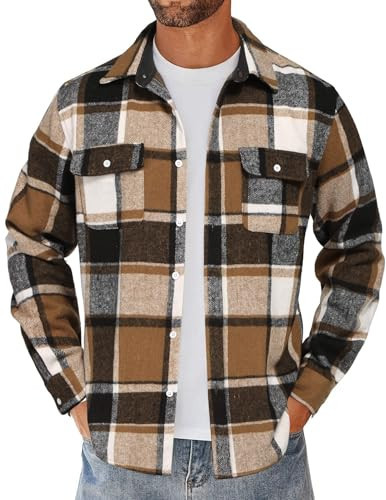 COOFANDY Men's Plaid Jacket Button Up Jacket Overshirt Fall Fashion Shirt with Pockets Khaki | Amazon (US)