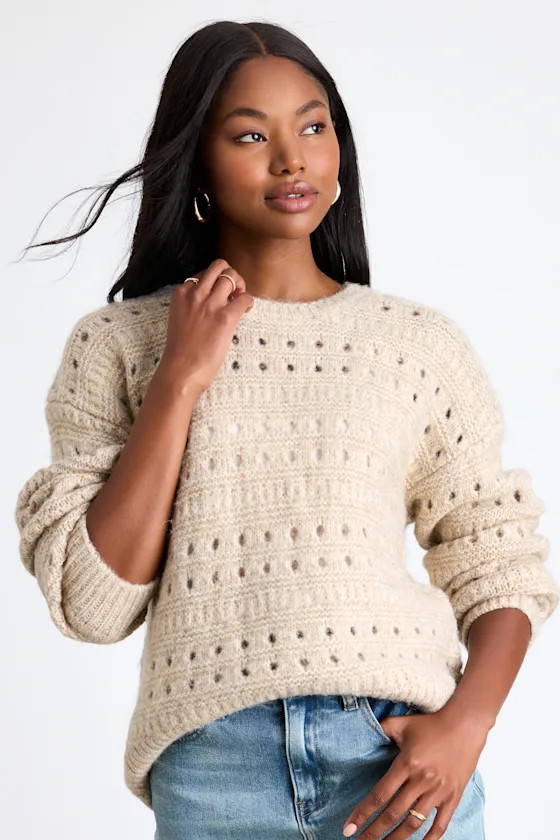 Mariner Beige Pierced Crew Neck Pullover Sweater | Lulus