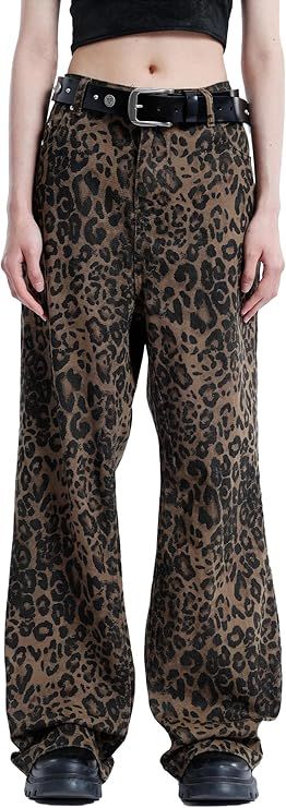 Aelfric Eden Leopard Print Jeans for Women Cheetah Print Pants Straight Leg Denim(A Size 1-2 Larg... | Amazon (US)