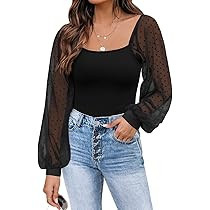 WDIRARA Women's Polka Dots Sheer Dobby Mesh Square Neck Long Sleeve Skinny Bodysuit | Amazon (US)