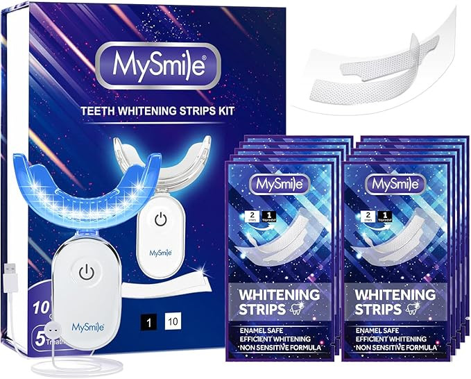 MySmile Non-Sensitive 10 Treatment Whitening Strips Kit with LED Light Tray 10 Min Fast Remove Co... | Amazon (US)