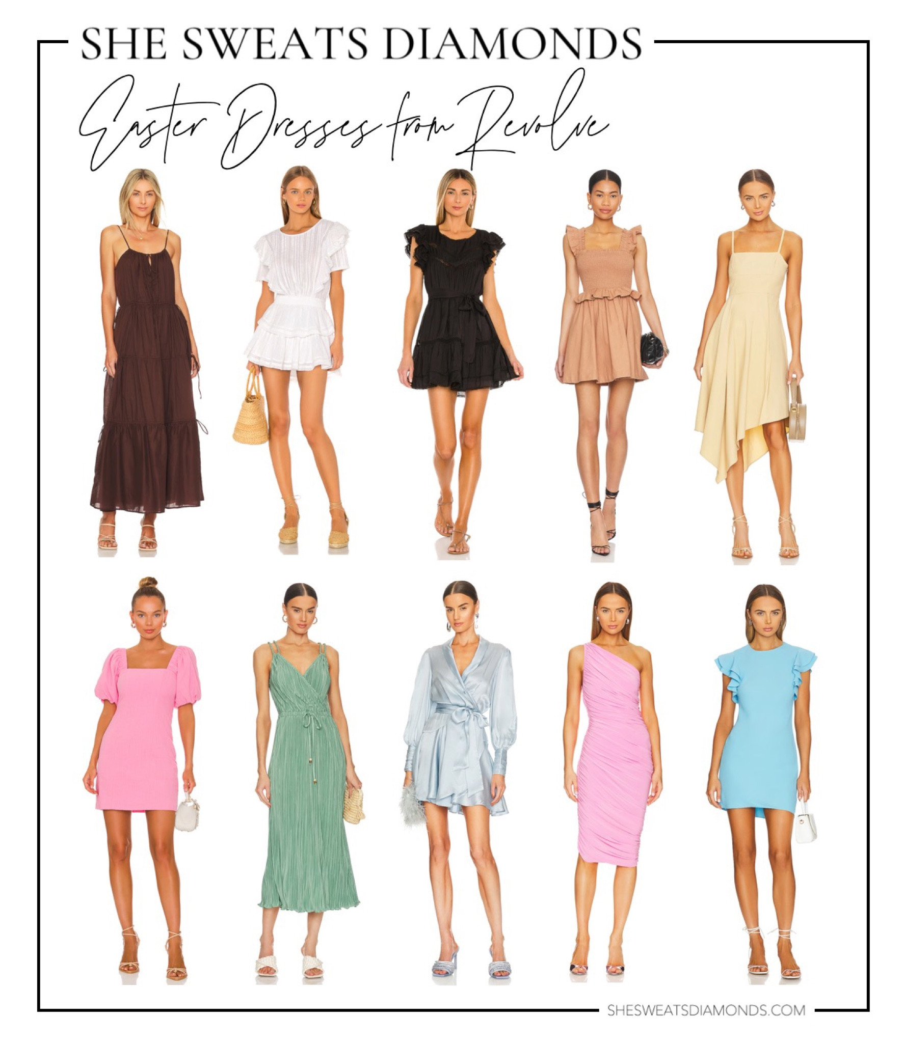 Easter dresses from Revolve! For neutral-colored dresses, add pastel accessories or wear spring makeup like light pink blush or a light pink lipstick with a gloss on top. 

Keep your jewelry simple and go for strappy heels!

#LTKstyletip #LTKSeasonal #LTKwedding