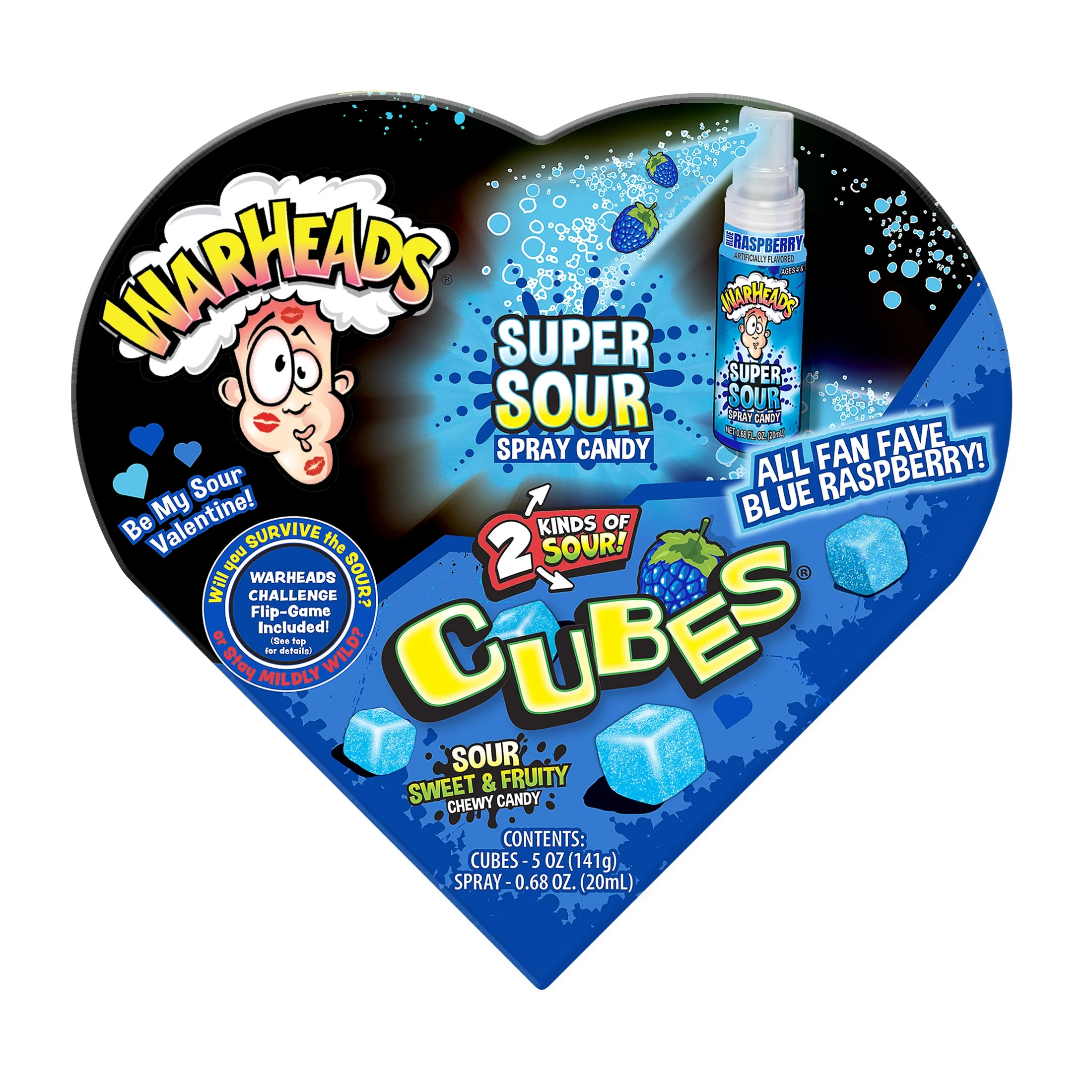 Warheads Blue Raspberry Cubes & Super Sour Spray Candy Valentines Paper Heart Gift Box. 5.68oz | Walmart (US)