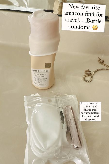 These leak proof toiletry “sleeve” set comes with 8 silicone “sleeves” for travel toiletries & most full size but not pump bottles, they’re reusable. Come in other colors but love the clear white. This set also comes with  2 refillable mini perfume atomizer for travel. 
Travel favorites
Travel hacks 
Travel packing
Packing favorite
Amazon packing favorites
Amazon travel 

#LTKunder50 #LTKFind #LTKtravel