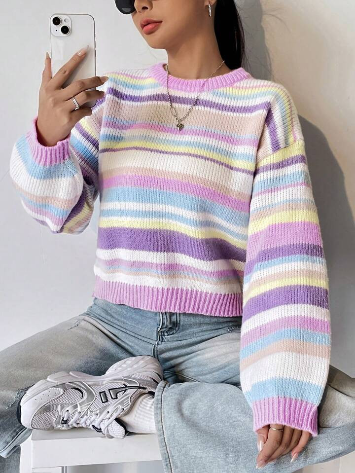 SHEIN Qutie Striped Pattern Drop Shoulder Sweater | SHEIN