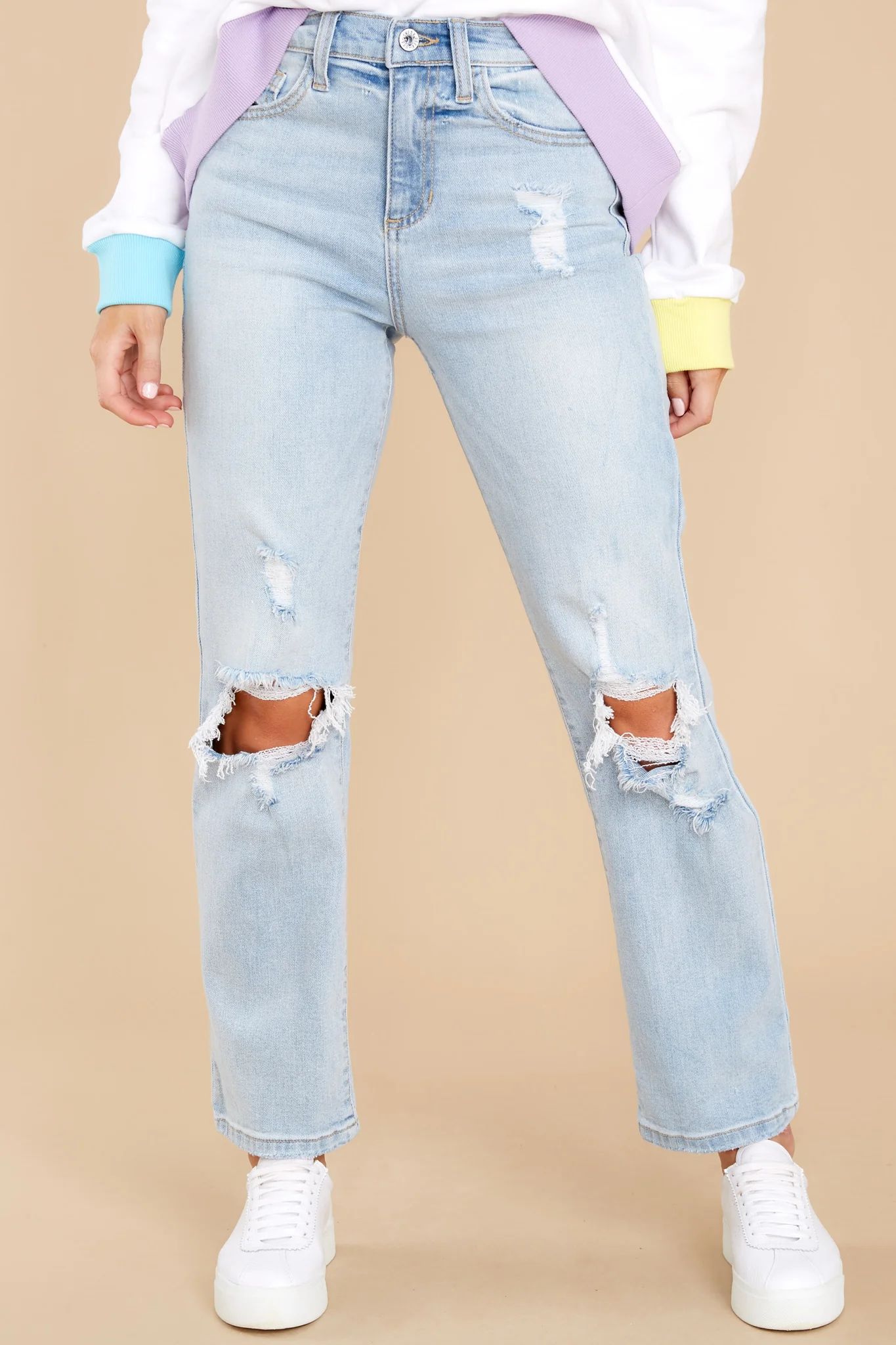 Breaking Tradition Light Wash Distressed Straight Jeans | Red Dress 