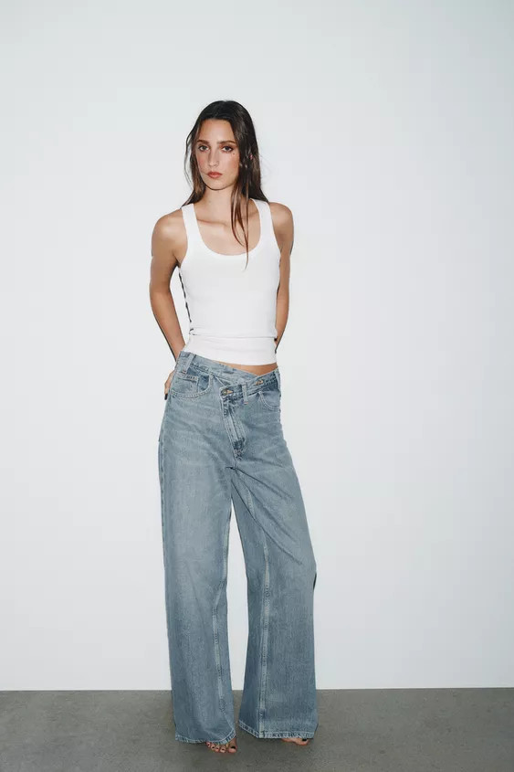 TRF HIGH WAIST CROSSOVER WAIST WIDE LEG JEANS | Zara US