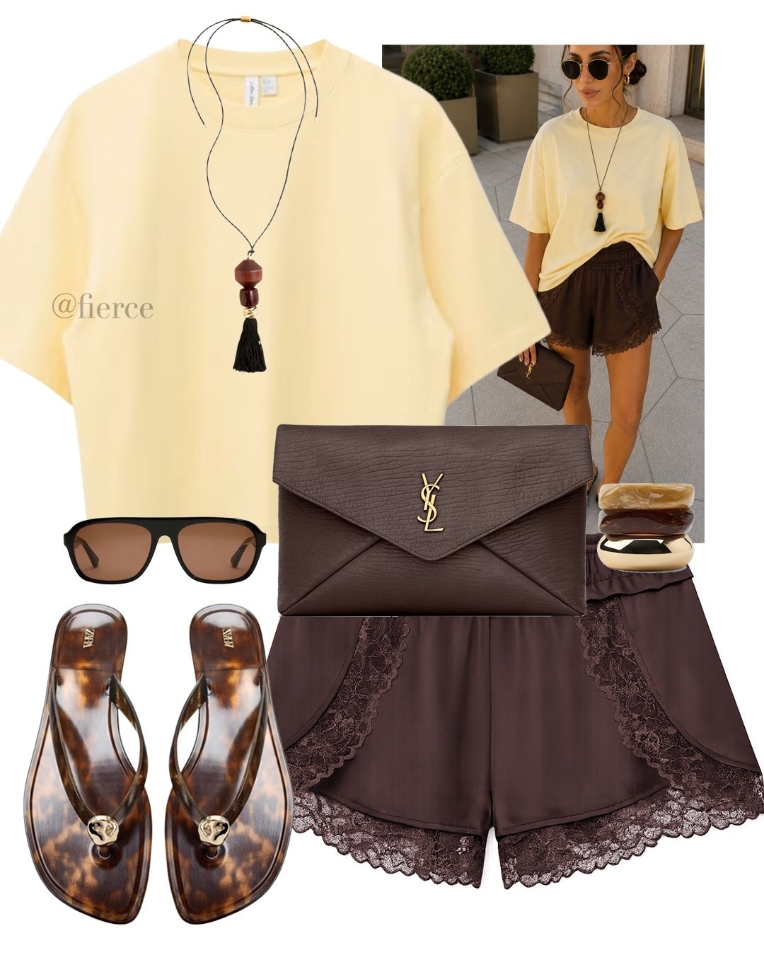 Yellow oversized tshirt chocolate brown satin lace shorts brown jelly sandals cord necklace casual weekend outfit vacation euro summer look beach holiday outfit

#LTKsummer #LTKuk #LTKeurope