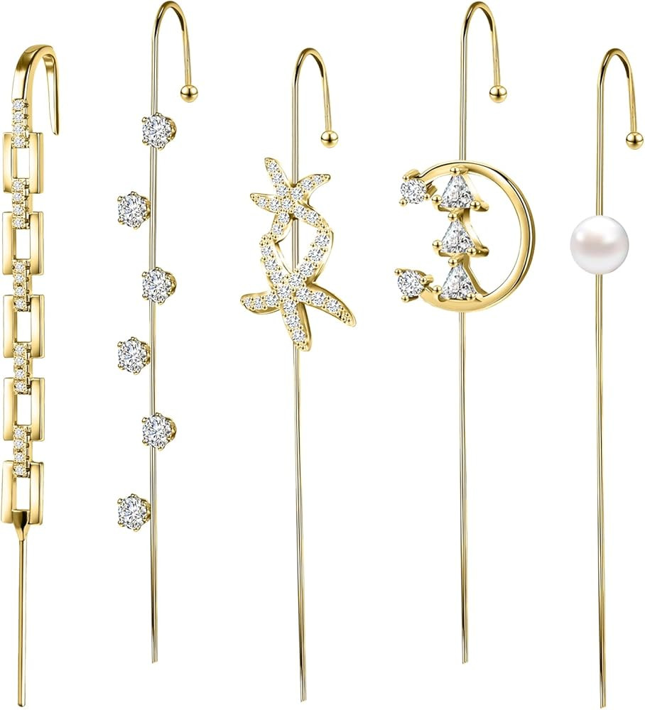 Trendy Pierced Ear Crawler Earrings for Women Gold & Silver Snowflake Rhinestone Helix Hook Set F... | Amazon (US)