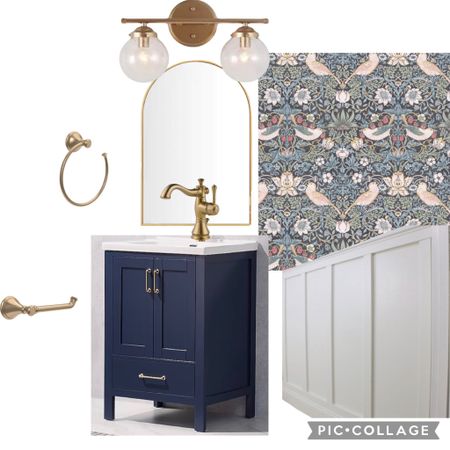 New half bathroom makeover!
Navy cabinet, board and batten, gold faucet, wallpaper

#LTKhome