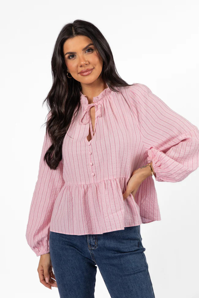 Oh My Darling Pink Stripe Notched Neckline Button Detail Peplum Blouse | Pink Lily