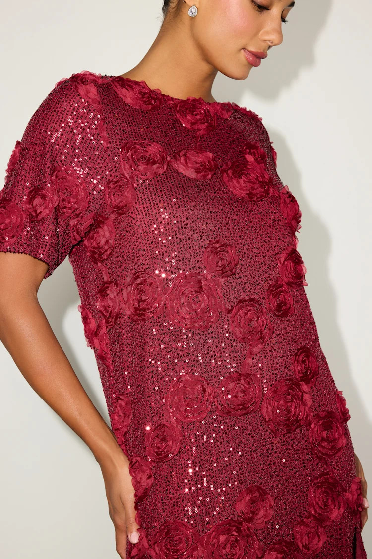 Kayleena Burgundy Sequin Rosette Tie-Back Shift Dress | Lulus