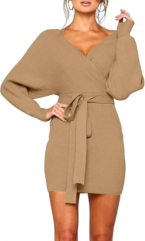 Zonsaoja Women's Sweater Dress Sexy V Neck Long Sleeve Backless Wrap Knitted Mini Dresses | Amazon (US)