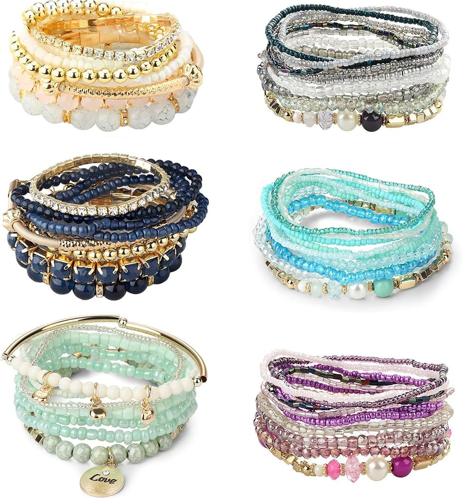LOYALLOOK 6 Sets Bohemian Stackable Bead Bracelets for Women Stretch Bohemian Style Stretch Multi... | Amazon (US)