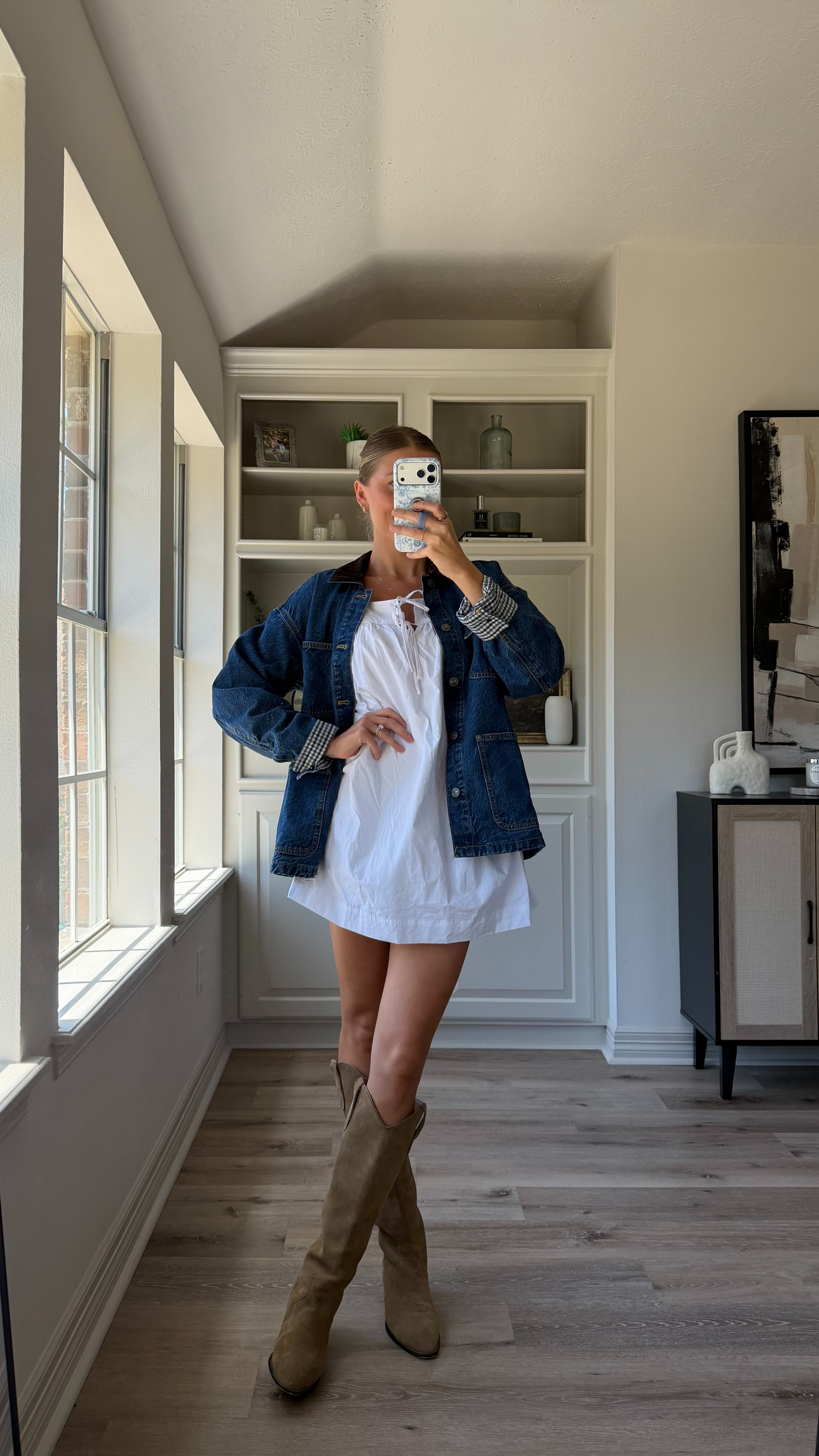 Early fall outfit inspo! S in barn jacket, S dress  

 