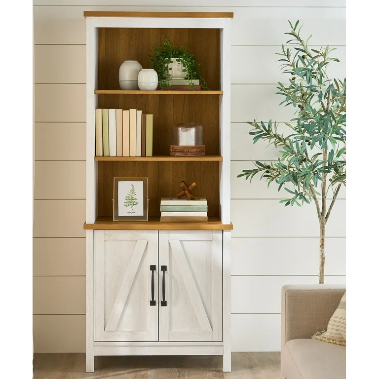 Better Homes & Gardens Modern Farmhouse Bookcase with Doors, Alabaster and Light Honey Finish | Walmart (US)