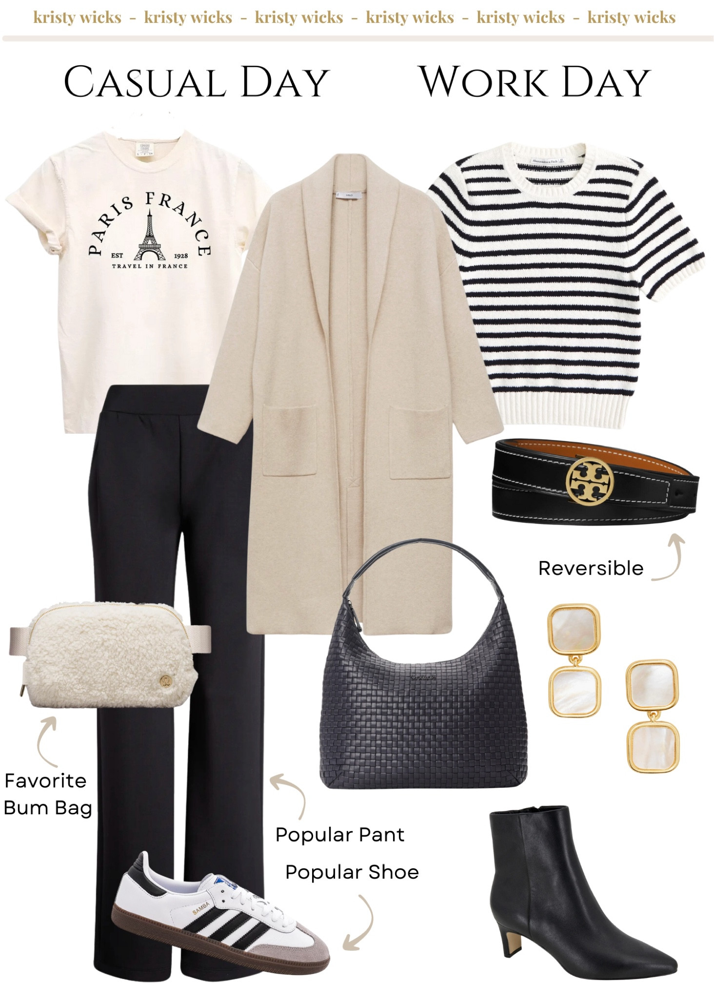 Basic pieces that can be mixed and matched for several looks! Dress up for work or make it casual for running errands! 🫶

The black pants are an amazing Amazon dupe for the most popular black pants that have sold out several times at Nordstrom! ✨👏

Lululemon bum bag always a favorite it’s so cute and stylish! 

Love the long cardigan, it goes with everything and a great piece to add to your fall wardrobe!🧡

The Tory Burch belt is a great investment, absolutely love it’s reversible! 🙌

As you all know I’m obsessed with MZ Wallace travel bags and this woven shoulder bag is beautiful! 😍

How cute is the Paris T shirt from Target! Look fashionable when you’re out and about! ✨

#LTKWorkwear #LTKStyleTip #LTKTravel