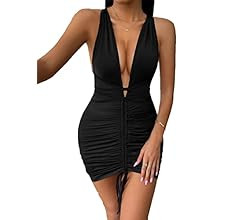 Verdusa Women's Ruched Drawstring Backless Deep V Neck Mini Halter Bodycon Dress | Amazon (US)