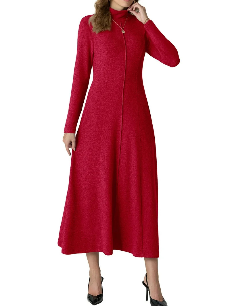 Cueply Dresses for Women Casual Long Sleeve Fall Spring Mock Neck Pullover Long Dresses with Pock... | Walmart (US)