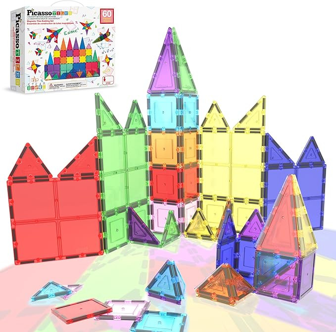 PicassoTiles 60 Piece Set 60pcs Magnet Building Tiles Clear Magnetic 3D Blocks Construction Playb... | Amazon (US)