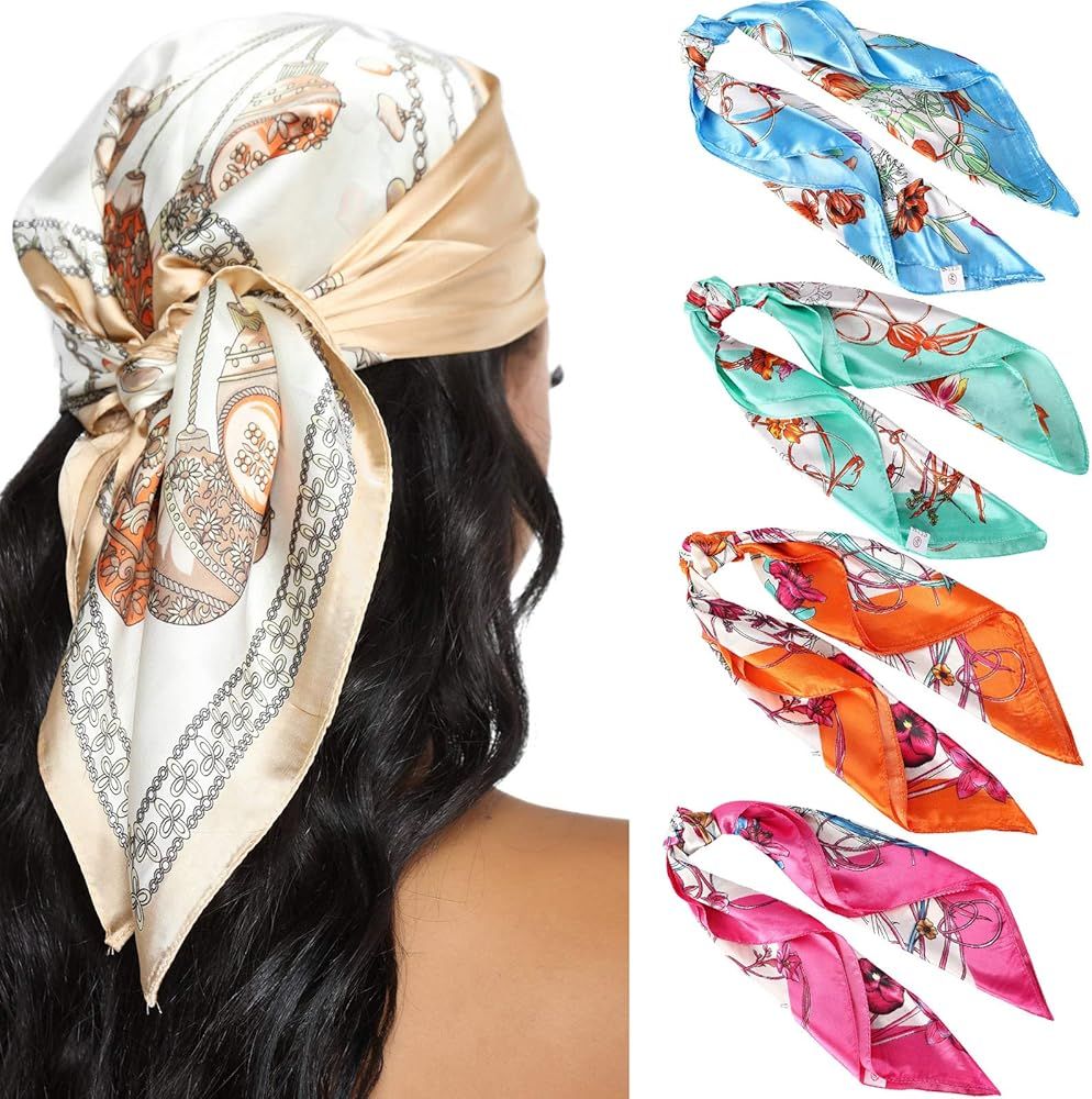 23.6 Inches Satin Head Scarves for Women 4PCS Square Silk Like Hair Scarves Silk Hair Bandanas | Amazon (US)
